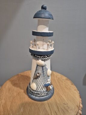 Coastal White and Blue Decorative Lighthouse Accent Wood Handmade